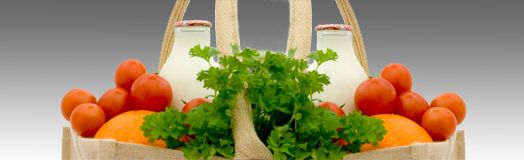 herbs, fruits and milk in a cloth bag